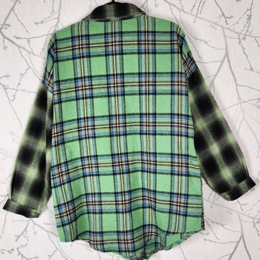 J. NNA Green Plaid Patchwork Button Front Flannel… - image 4